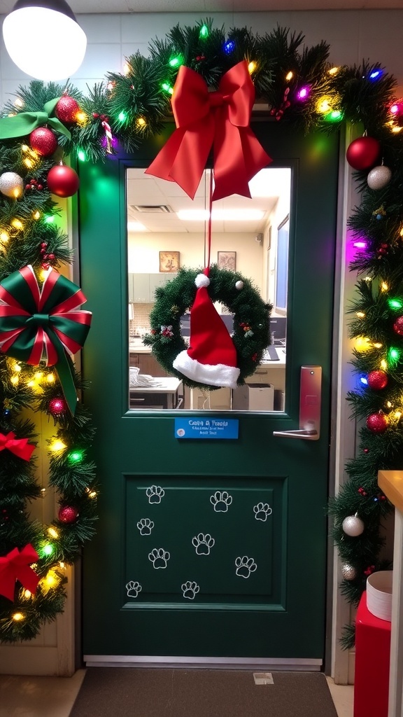 A decorated veterinary office door for Christmas with wreaths, lights, and festive elements.